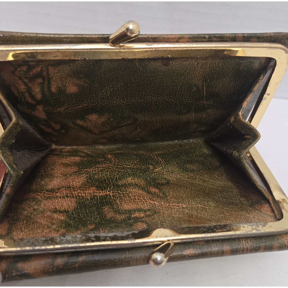 Vtg 70s Egyptian Camel Leather Trifold Wallet Purse Gold Embossed Pharaonic Art - Picture 12 of 13